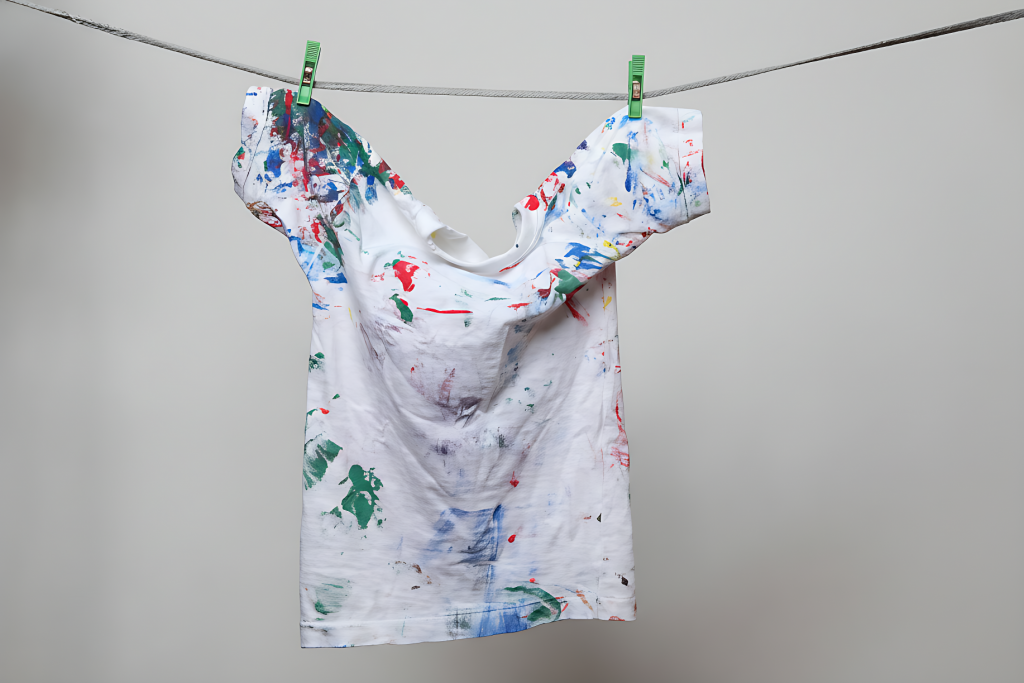 white shirt with acrylic paint stains hanging on a clothesline