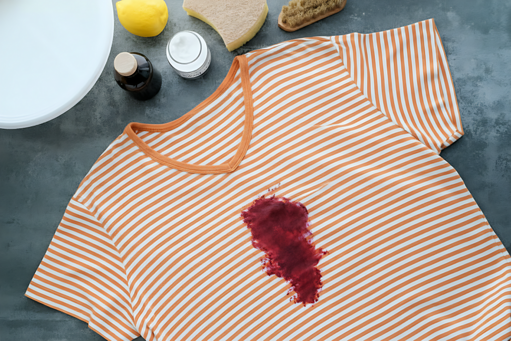 orange and white striped shirt with red paint stains, next to cleaning solutions
