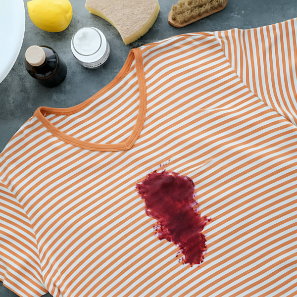 orange and white striped shirt with red paint stains, next to cleaning solutions