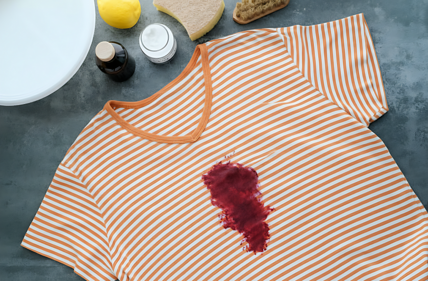 orange and white striped shirt with red paint stains, next to cleaning solutions