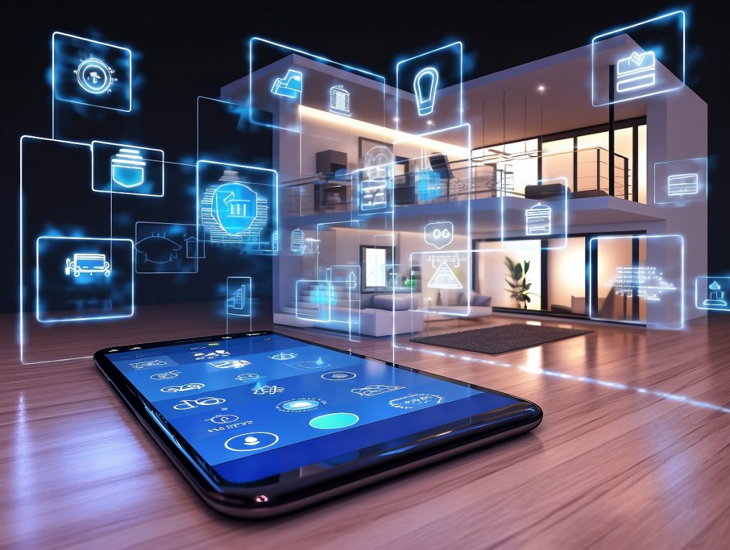 smartphone with home tech icons and a modern house in the background
